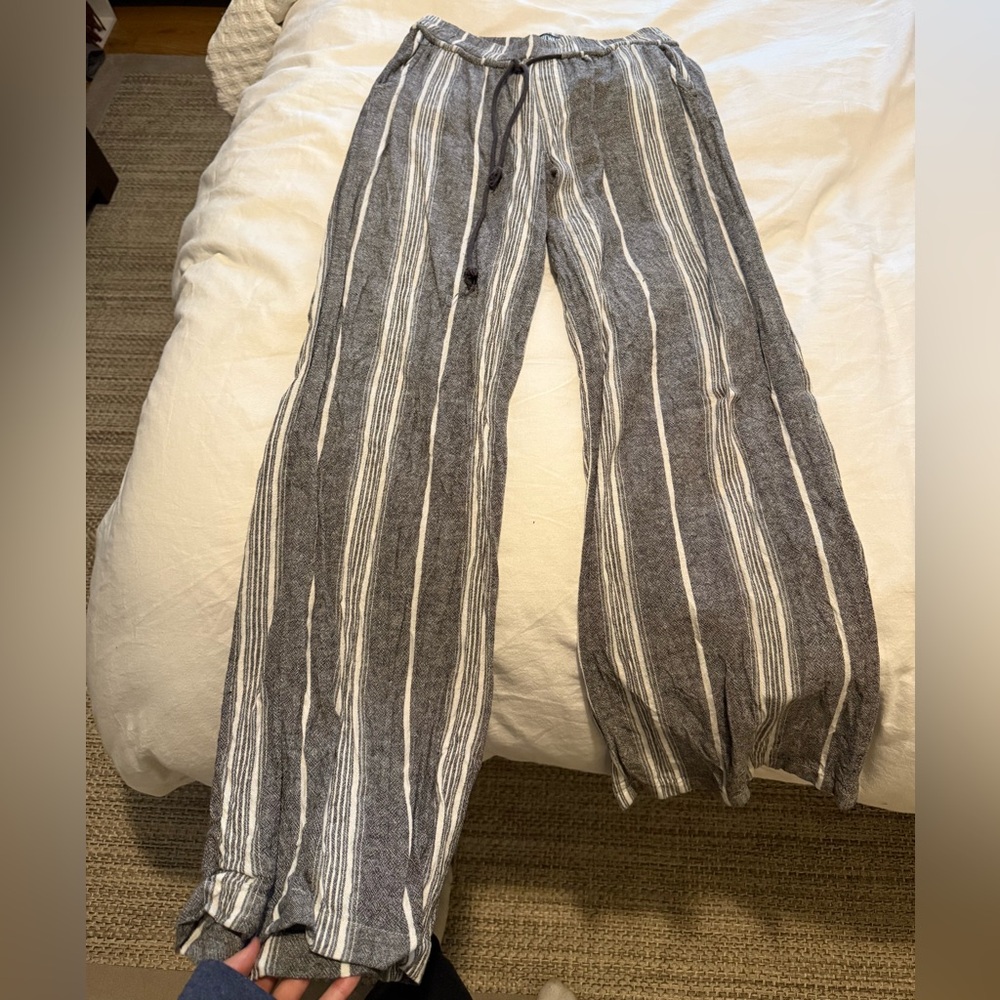 Small gray and white striped pants.